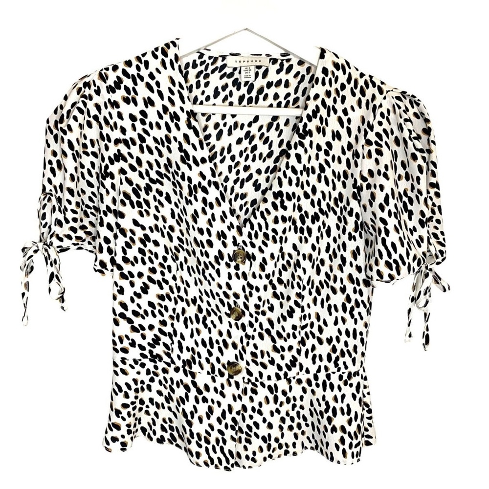 Topshop Animal Print Button Down Blouse with Tie Sleeves